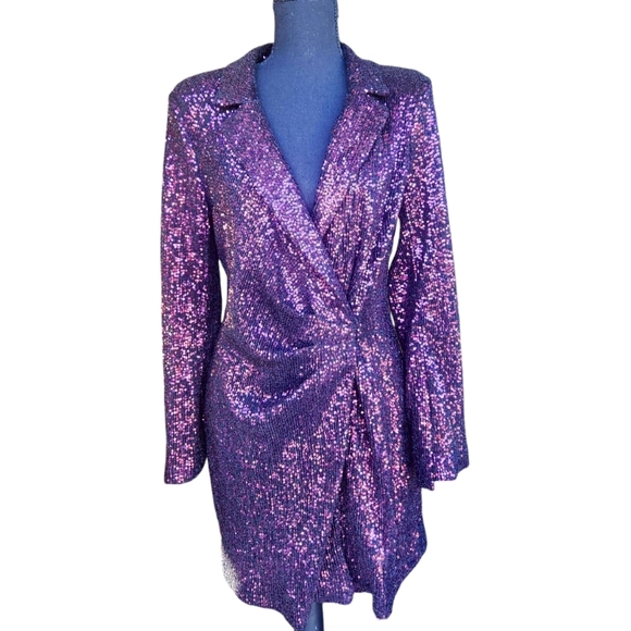 ZARA NWT WOMAN SEQUIN COLLAR BLAZER MINI DRESS Purple Size Medium Purple - Picture 1 of 16